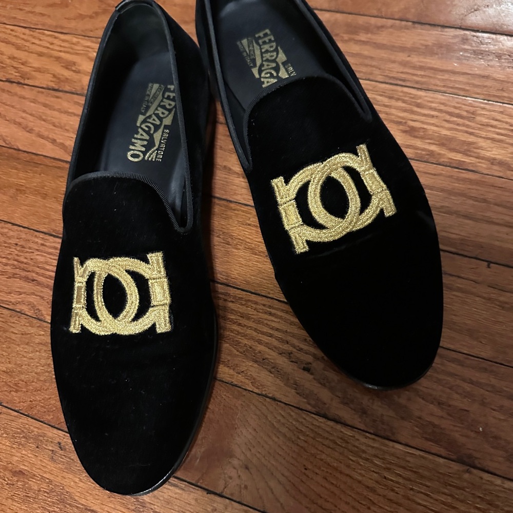 Salvatore Ferragamo Black and Gold Velvet Loafers
